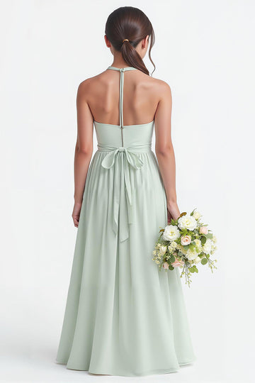 Sage Green Halter Chiffon A-Line Long Junior Bridesmaid Dress